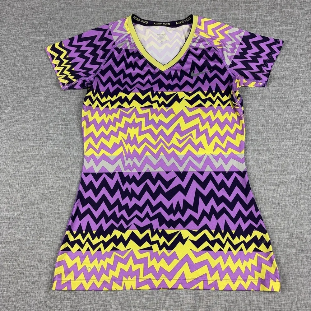 Nike Pro Dri-FIT Shirt Womens Medium Multicolor V-Neck Chevron Athletic Top